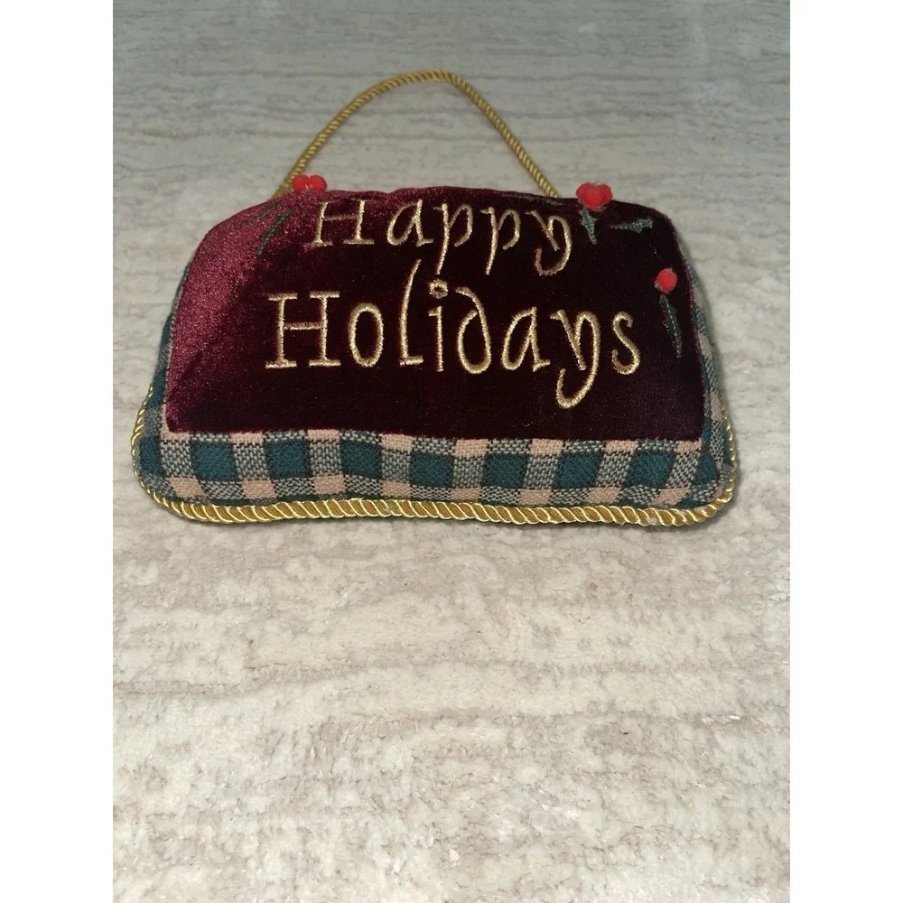 Mini Burgundy Velvet Happy Holidays Christmas Door Hanger Pillow Gold Cord Trim‎